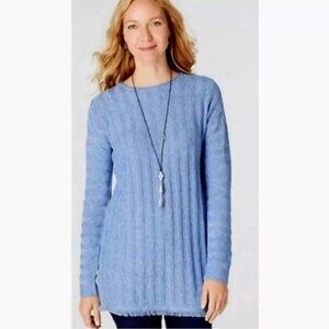 J Jill Knit Tunic Fringe Hem Faux Button Back Marled Sweater Azure Blue Size M